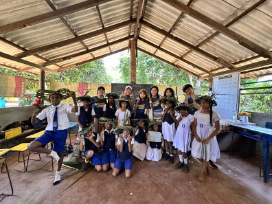 Weaving a hat using coconut leaves